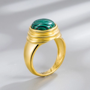 Vintage S925 silver 18K gold plated ring featuring a natural green malachite gemstone