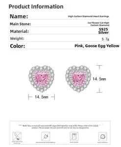 Detailed size chart for S925 silver heart stud earrings with ice cut pink carbon diamonds