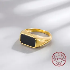 925 Sterling Silver Black Agate Signet Ring Geometric Square Finger Ring Elegant Minimalist Jewelry For Women Party Gift