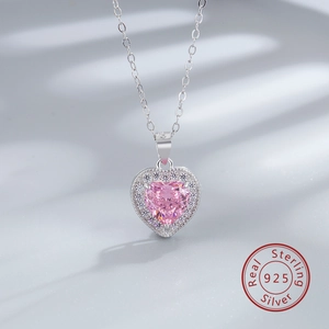 Detailed close-up of S925 sterling silver necklace with pink heart-shaped carbon diamond