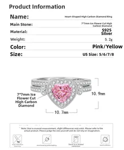 Detailed size specifications of 925 silver heart ring with 7mm pink ice cut diamond