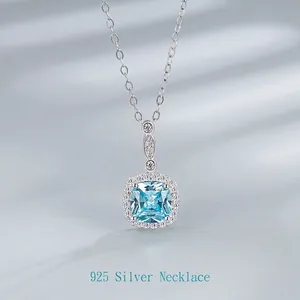 925 Sterling Silver Heart Of The Ocean Necklace For Women Light Blue Square Zirconia Pendant Light Luxury Fashion Neck Jewelry Gift