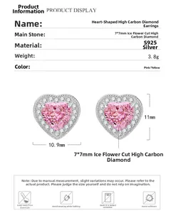 Detailed view of 7x7mm heart-cut pink carbon diamond earrings in S925 silver setting