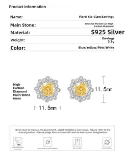 Vue macro des boucles d'oreilles en argent S925 avec diamant carbone jaune de 6mm et fleur