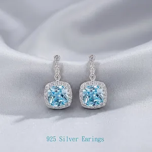 Boucles d'Oreilles Clous en Argent Sterling 925 Avec Strass Taille Coussin Bleu Mer pour Femmes Design Halo Bijoux Géométriques Cadeau