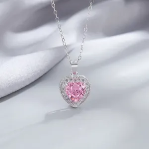S925 Sterling Silver Heart Pendant Necklace Ice Cut Pink Yellow Rhinestone Elegant Jewelry For Women Valentine Gift