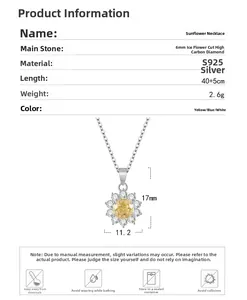 Tableau des tailles du collier tournesol en argent S925 avec diamant de 6mm coupe glace