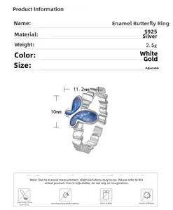 Detail specifications of S925 silver enamel butterfly ring showing 10mm size and materials