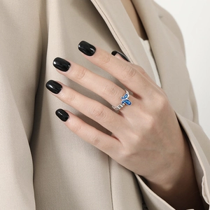 French romantic S925 sterling silver open ring with blue enamel butterfly detail