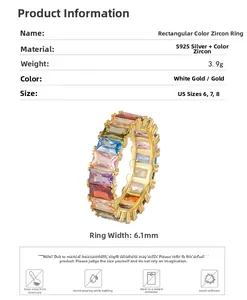 Detail showing S925 silver rectangular rainbow zircon ring specifications and measurements