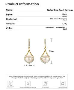 Detailed size chart for S925 silver waterdrop freshwater pearl earrings with dimensions