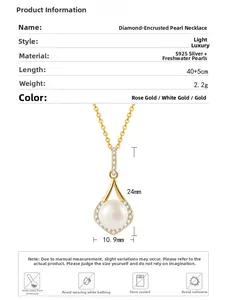 Detailed view of teardrop pendant with S925 silver, freshwater pearl and pave zircon