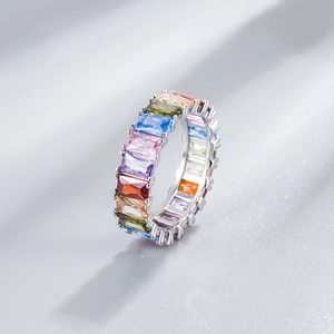 Vintage S925 silver eternity ring featuring rectangular rainbow cubic zirconia stones
