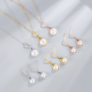 S925 silver pearl jewelry set with teardrop pendant and earrings in three metal colors