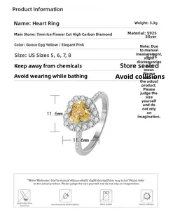 Détail de la bague en argent 925 avec diamant carbone jaune de 7mm en forme de cœur