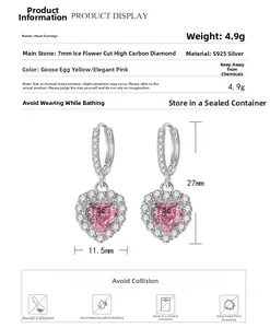 S925 sterling silver heart earrings with 7mm pink ice flower cut cubic zirconia detail