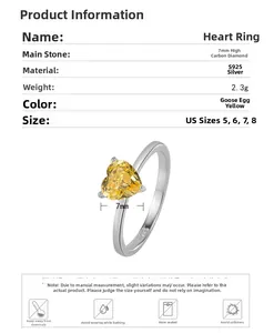 Detail specifications of S925 silver ring featuring 7mm heart-shaped yellow diamond