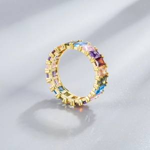 S925 sterling silver rainbow eternity ring with colorful square-cut zircon stones