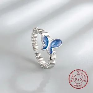 925 Sterling Silver Blue Enamel Gradient Butterfly Open Ring French Romantic Pleated Adjustable Fashion Jewelry For Women