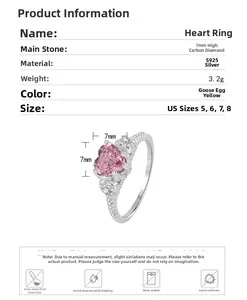 Detailed spec sheet showing 7mm pink heart high carbon diamond and S925 silver ring sizes