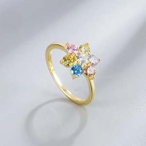 Elegante S925 sterling zilveren bloemring met kleurrijke regenboog zirkonia's