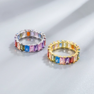 Elegant S925 sterling silver eternity rings with colorful rectangular zirconia stones