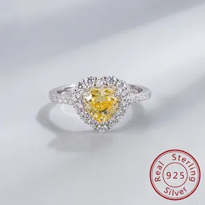 Bague en Argent Sterling 925 en Forme de Cœur Avec Strass pour Femme Taille Glace Pierre Rose Jaune Bijoux Élégants