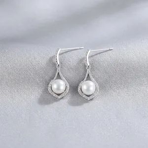925 Sterling Silver Teardrop Freshwater Pearl Earrings For Women Elegant Rhinestone Inlaid Water Drop Ear Hook Jewelry Gift