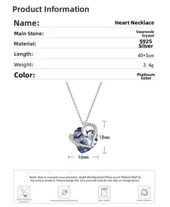 S925 silver heart necklace with crystal pendant size 18x16mm and chain length 40+5cm