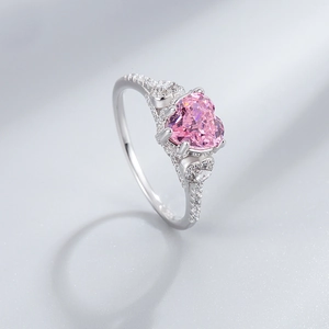 Elegant 925 silver heart ring with 7mm pink ice cut gemstone and pavé diamonds