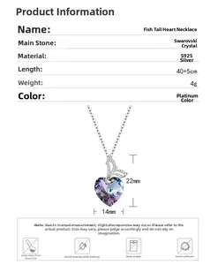 Detailed specs for S925 silver fishtail heart necklace with purple crystal and sizing