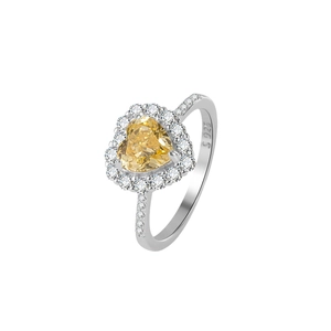 Bague en argent sterling 925 avec diamant carbone jaune en cœur et halo brillant