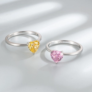 S925 sterling silver heart ring with 7mm pink and yellow sparkling ice-cut crystals