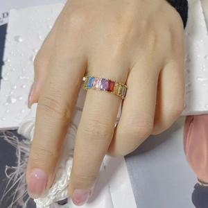 Detail of s925 silver rainbow ring with rectangular colorful stones worn on hand