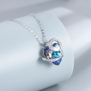 S925 silver heart necklace with iridescent Austrian crystal and micro-paved zircons