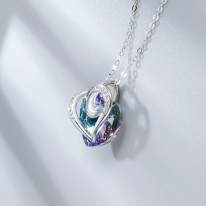 S925 sterling silver necklace with a sparkling aurora crystal heart pendant and stones