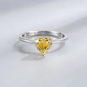 925 Sterling Silver Heart Shaped Ring Sparkling Heart Rhinestone Inlaid Fashion Commuter Women Jewelry Yellow Pink Ring