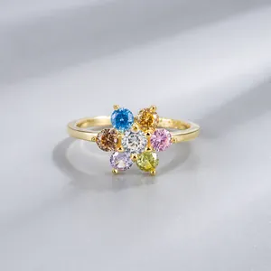 925 Sterling Zilveren Kleurrijke Zirconia Bloem Ring Voor Vrouwen Regenboog Zirconia Vergulde Band Ring Mode Sieraden