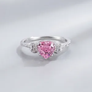 Elegant 925 Sterling Silver Heart Ring For Women Pink Yellow High Carbon Rhinestone Inlaid Luxury Wedding Party Jewelry Ring