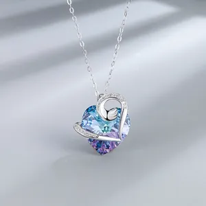 925 Sterling Silver Heart Pendant Necklace For Women Artificial Crystal Rhinestone Inlaid Cross Chain Elegant Jewelry Gift