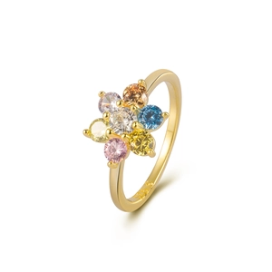 Elegante S925 zilveren bloemring met gekleurde zirkonia en hoogwaardige goudplating