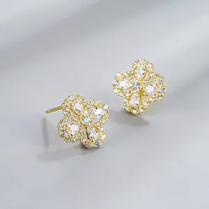 925 Sterling Silver Four Leaf Clover Stud Earrings For Women Pave Rhinestone Flower Earrings Sweet Luxury Jewelry Gift