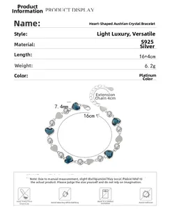 Spécifications du bracelet cœur en argent S925 avec cristaux bleus et dimensions