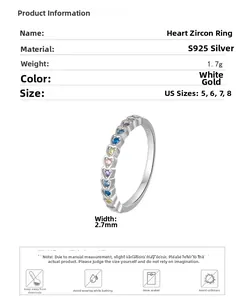 Detailed spec sheet for S925 silver ring featuring colorful heart-shaped cubic zirconia