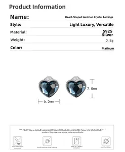 Detail view of heart crystal earrings with S925 silver and size dimensions