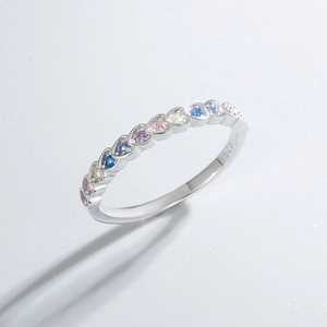 925 sterling silver ring with colorful heart-shaped cubic zirconia in a row