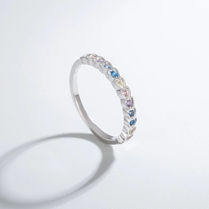 925 sterling silver ring featuring multi-colored heart-shaped zircon stones in a sleek design