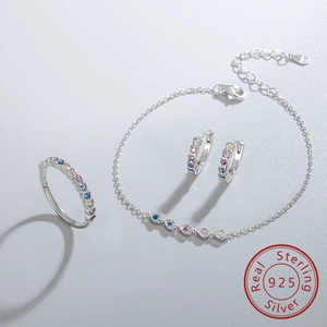 Detailed set of S925 sterling silver jewelry with colorful heart-shaped zirconias