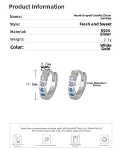 Detailed size parameters of S925 silver heart earrings with colorful zircon stones