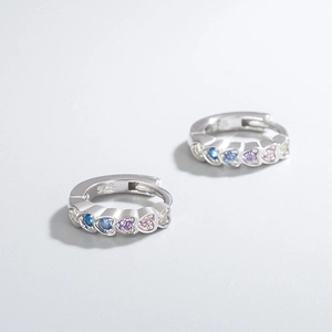 S925 sterling silver hoop earrings featuring colorful heart-shaped cubic zirconia stones